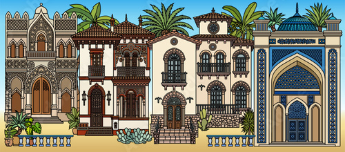 Flat vector line art of Mediterranean and Oriental buildings with tropical trees and desert plants on a bright blue sky background