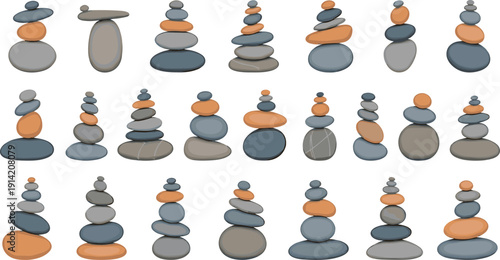 Zen Stone Balance Illustration Set with Stacked Pebbles for Meditation, Mindfulness, Spa Relaxation, and Wellness Harmony Concepts