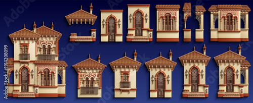 Detailed 3D illustration set of traditional Middle Eastern tower houses with ornate arches, balconies, and tiled roofs, arranged in a row on a dark blue background
