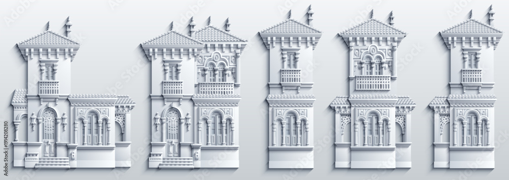 Obraz premium Monochrome paper-cut style collection of ornate Middle Eastern architectural facades and elements with arches, balconies, and tiled roofs, arranged as a decorative 3D relief set.