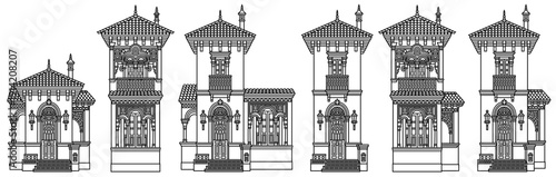 Detailed line art illustration set of traditional Middle Eastern tower houses with ornate arches, balconies, and tiled roofs, presented as architectural facade drawings