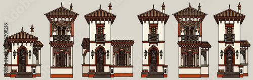 Set of Mediterranean and Oriental villa buildings in flat line art style, architectural elements on light grey background vector.