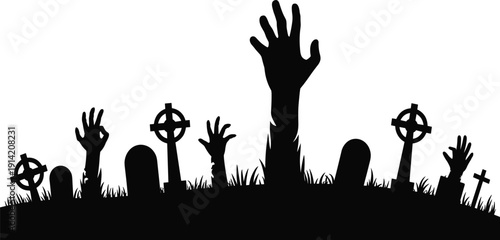 Spooky graveyard silhouette with zombie hands rising from the grass among tombstones and crosses for Halloween horror designs
