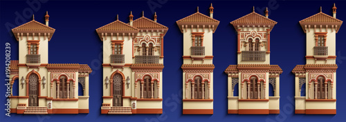 Detailed 3D illustration set of traditional Middle Eastern tower houses with ornate arches, balconies, and tiled roofs, arranged in a row on a dark blue background