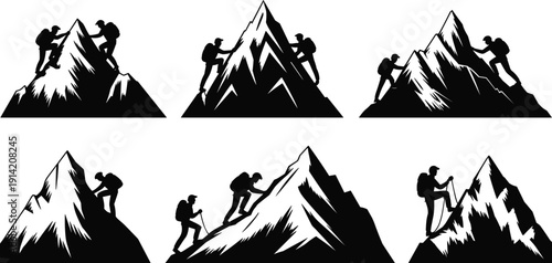 Set of mountain climber silhouettes hiking on rocky peaks for outdoor adventure sports travel and nature exploration designs