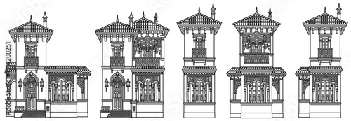 Detailed line art illustration set of traditional Middle Eastern tower houses with ornate arches, balconies, and tiled roofs, presented as architectural facade drawings