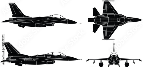 Supersonic jet fighter silhouette vector illustration set showing side top and front views for military aviation design projects