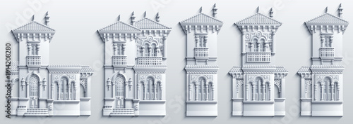 Monochrome paper-cut style collection of ornate Middle Eastern architectural facades and elements with arches, balconies, and tiled roofs, arranged as a decorative 3D relief set.