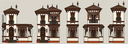 Set of Mediterranean and Oriental villa buildings in flat line art style, architectural elements on light grey background vector.