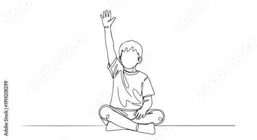 Minimalist line art illustration of a young child sitting cross-legged with hand raised in a classroom setting, symbolizing active participation and a desire to learn or ask a question