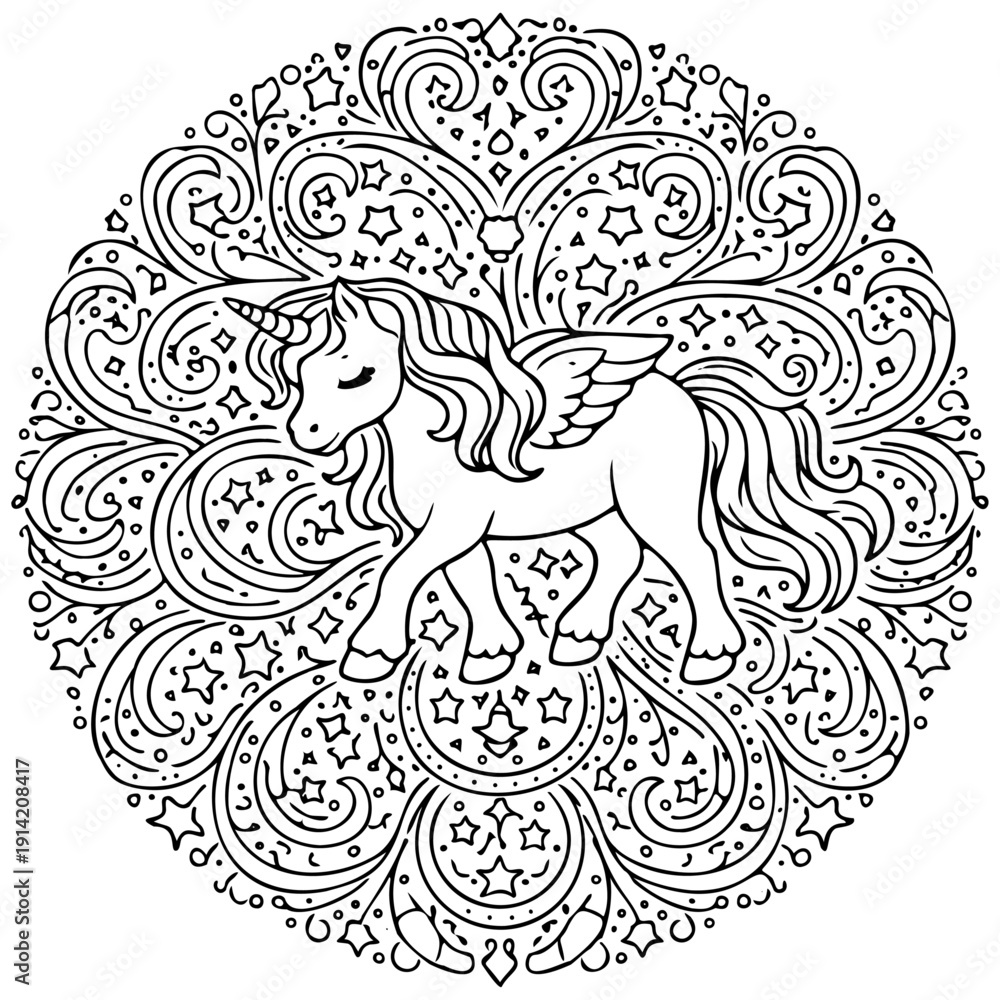 Fototapeta premium Starry Swirl, Mystic Pearl – Winged Unicorn Mandala Coloring Whirl