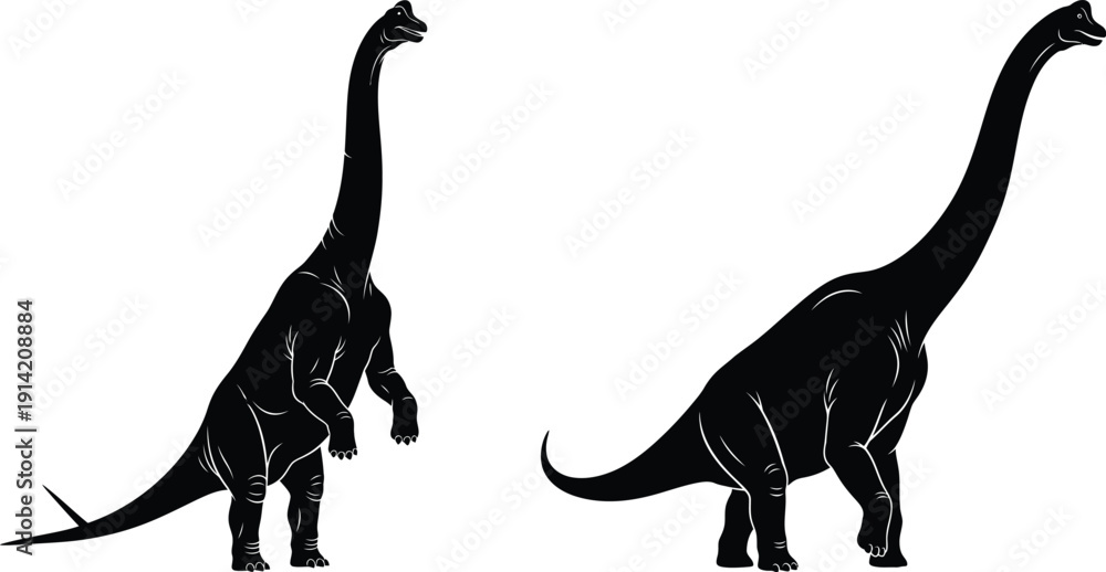 Obraz premium Two black silhouettes of long-necked dinosaurs standing