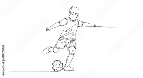 Dynamic continuous line art illustration of a young soccer player kicking a football during a lively match. Athletic child in motion