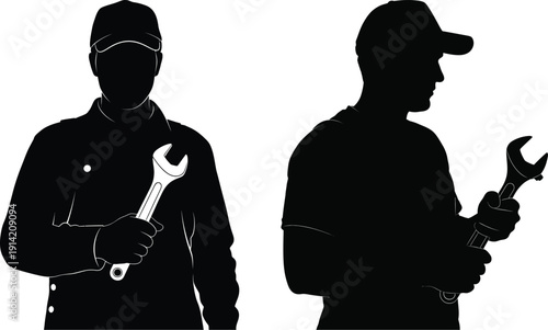 Two silhouettes of men holding wrenches