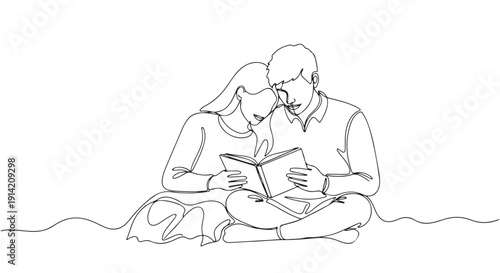 A romantic illustration of a couple reading a book together, depicted in a single line art style