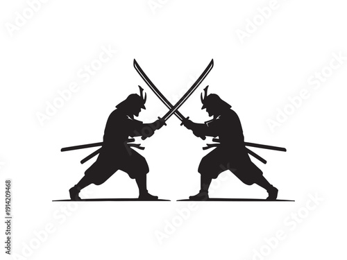 Two samurai warriors fighting with swords in combat stance