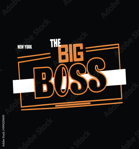 Big boss typography t shirt design with modern street style and orange geometric frame on black background for urban apparel fashion