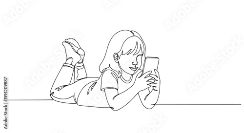 A delightful continuous line drawing illustrates a young child enjoying a mobile device while lying down