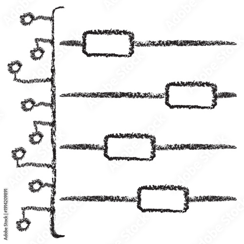 Vector icon of AI control panel and algorithmic weighting. Dark brown charcoal sketch on transparent background. Features vertical circuit nodes and horizontal sliders
