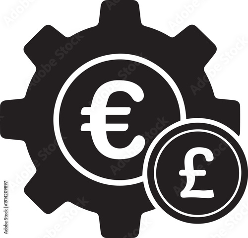 Minimalist currency setting icon featuring a black gear silhouette with euro and pound sterling symbols, representing financial configuration, exchange rate processing, and banking UI