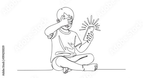 A child is covering their eyes while looking at a bright screen of a mobile phone, illustration