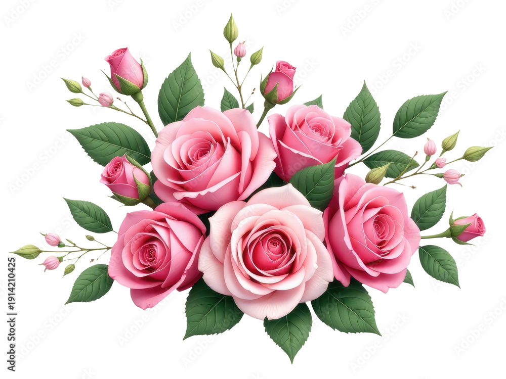Fototapeta premium A beautiful arrangement of pink roses with green leaves