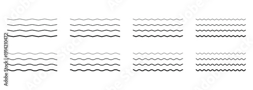 Set of wavy zigzag lines. Wave thin line background.Water waves line set.Set of wavy - curvy and zigzag - criss cross horizontal lines.