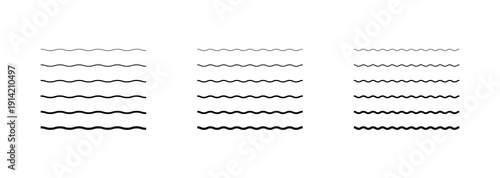 Set of wavy zigzag lines. Wave thin line background.Water waves line set.Set of wavy - curvy and zigzag - criss cross horizontal lines.