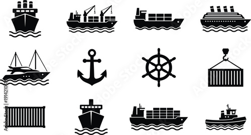 Set of twelve stylized black maritime and shipping icons in grid, symbolizing cargo ships, containers, nautical symbols, and logistics
