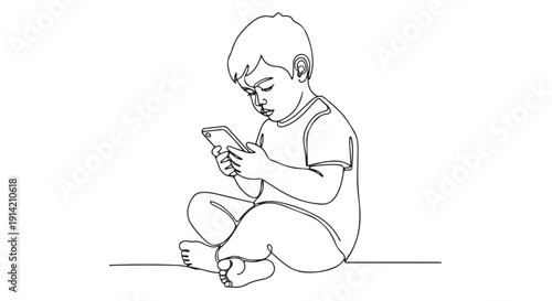 Child focused on a mobile phone, a continuous line drawing illustration depicting technology's impact on childhood