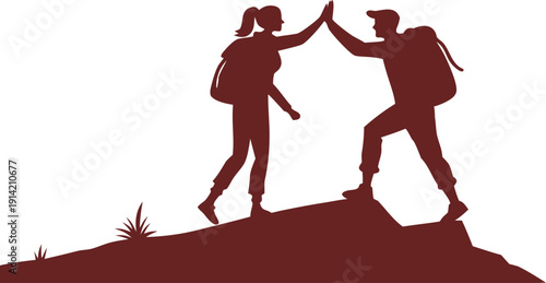 Silhouette of Two Hikers Giving High Five on Mountain Peak, Achievement and Teamwork Concept