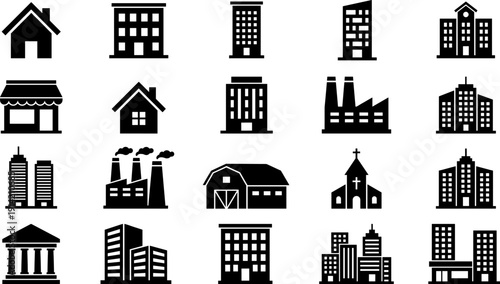 Set of twenty stylized black building silhouette icons in grid, symbolizing architecture, urban planning, residential, commercial, and industrial structures