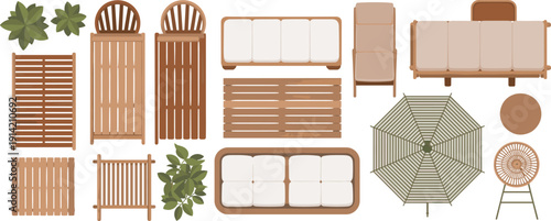 Outdoor wooden patio furniture set with sofa, chairs, table and umbrella, modern garden terrace collection flat vector illustration isolated on white background