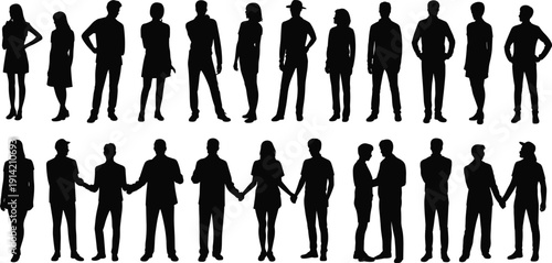 People silhouette collection with men and women standing, couples holding hands and friends greeting isolated on white background vector illustration set