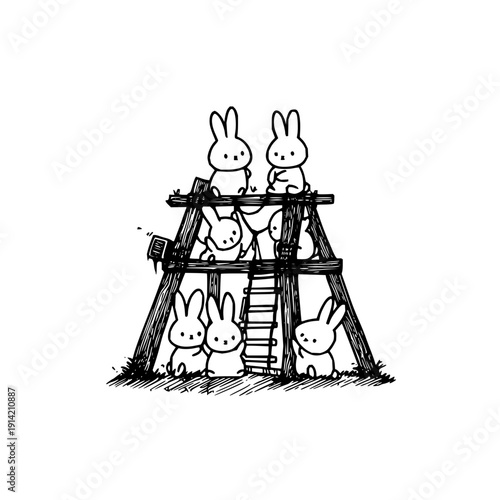 Group of cute rabbits on a wooden a frame structure with ladder smiling and playful