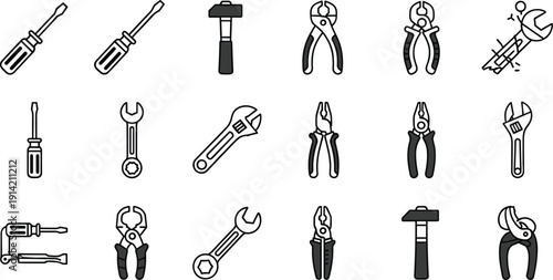 Clean minimalist hand tool vector icons featuring various screwdrivers wrenches and pliers in a consistent line art style for technical manuals and hardware store branding