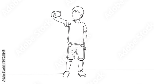Continuous Line Drawing of a Young Boy Taking a Selfie with a Smartphone, Capturing a Moment of Childhood Joy and Modern Digital Connection