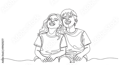 Joyful Siblings in Minimalist Line Art Illustration, Two Happy Children Laughing Together, Expressing Childhood Happiness and Connection in Clean Vector Drawing
