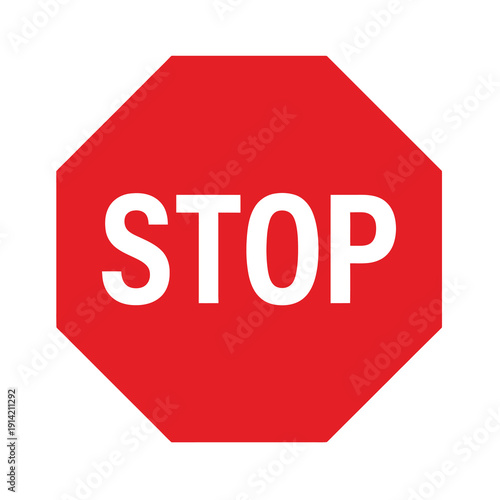 Red stop sign icon with text in flat style representing traffic control, safety, and app or website interface