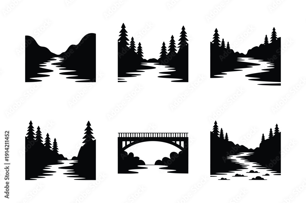 Obraz premium River and Forest Landscape Icons with Bridge
