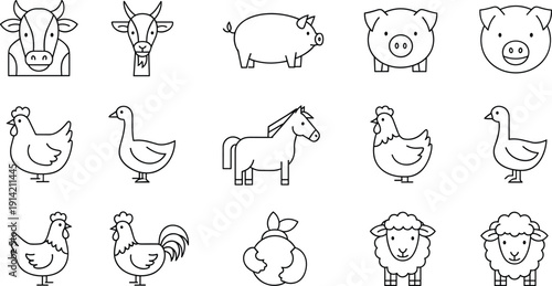 Vector set of farm animal icons featuring cow goat pig chicken horse sheep and rooster in a clean black and white line art style for children's education and rural branding