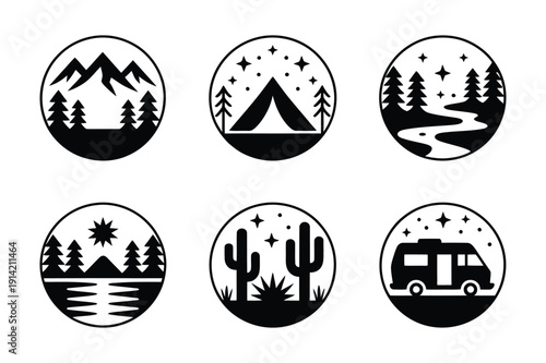 Outdoor Adventure Circular Icons: Mountains, Tent, RV