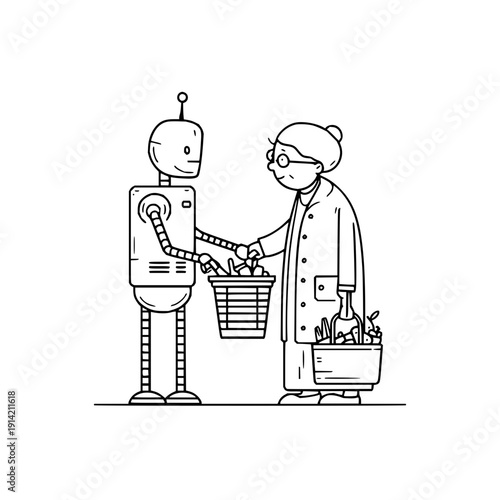 Robot and woman shaking hands over a basket of food symbolizing partnership and assistance in daily life