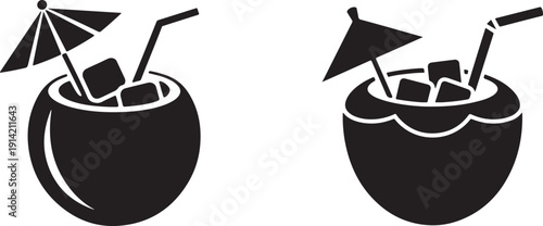 Coconut cocktail with ice cubes and straw vector illustration graphic