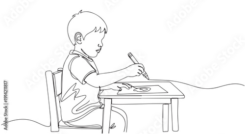 Continuous line vector illustration capturing a young boy diligently drawing, symbolizing childhood creativity, learning, and artistic development
