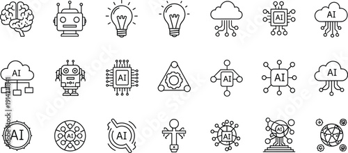 Comprehensive set of artificial intelligence and technology vector icons featuring robot heads brain circuits microchips cloud computing and light bulbs in clean black line art for software 