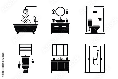 Bathroom Icons: Bathtub, Shower, Sink, Toilet, Vanity