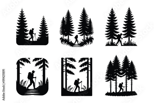 Hiker Silhouette in Forest: Trekking, Adventure, Nature