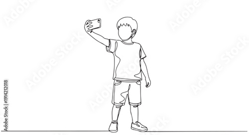 Young boy captures a moment with his smartphone, creating a self-portrait; a continuous line art illustration depicting modern childhood and digital interaction