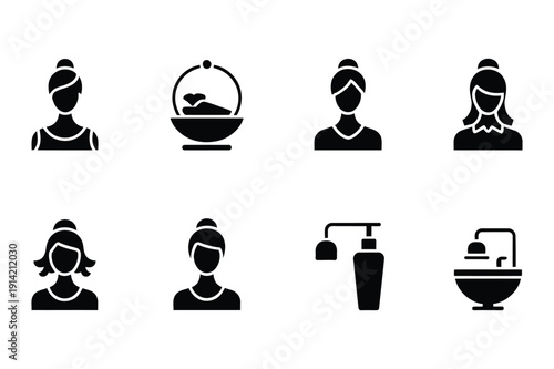 Spa and Beauty Icons: Women's Hairstyles, Massage Basket, Toiletries